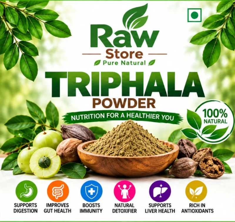 Raw Store Triphala Powder with amla and haritaki fruits