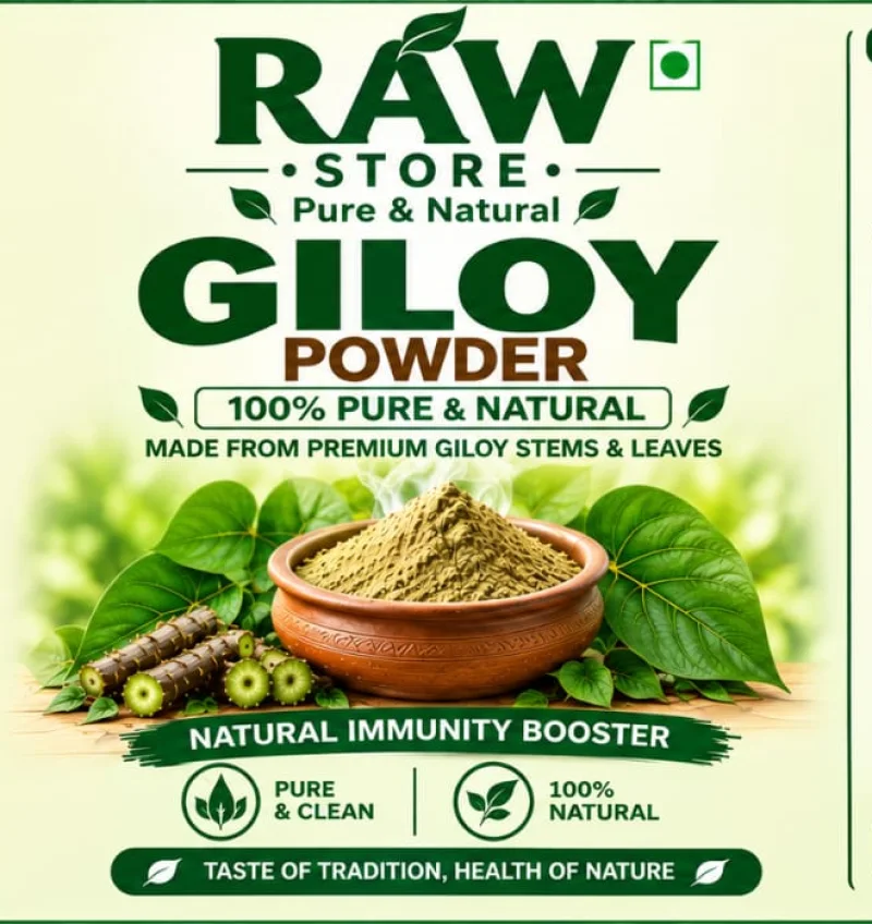 Raw Store Giloy Powder in a clay bowl with Giloy stems