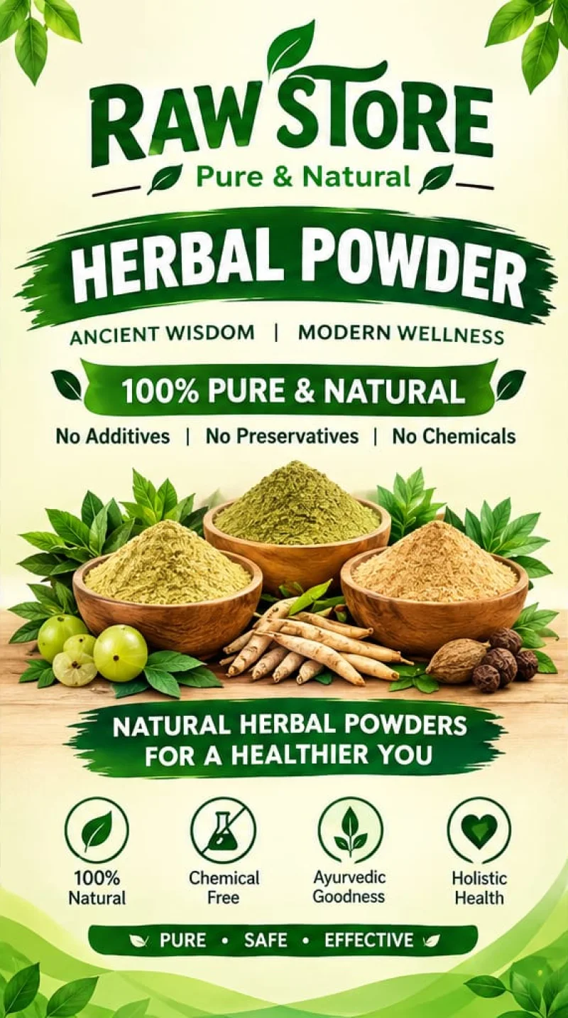 Raw Store herbal powders in wooden bowls